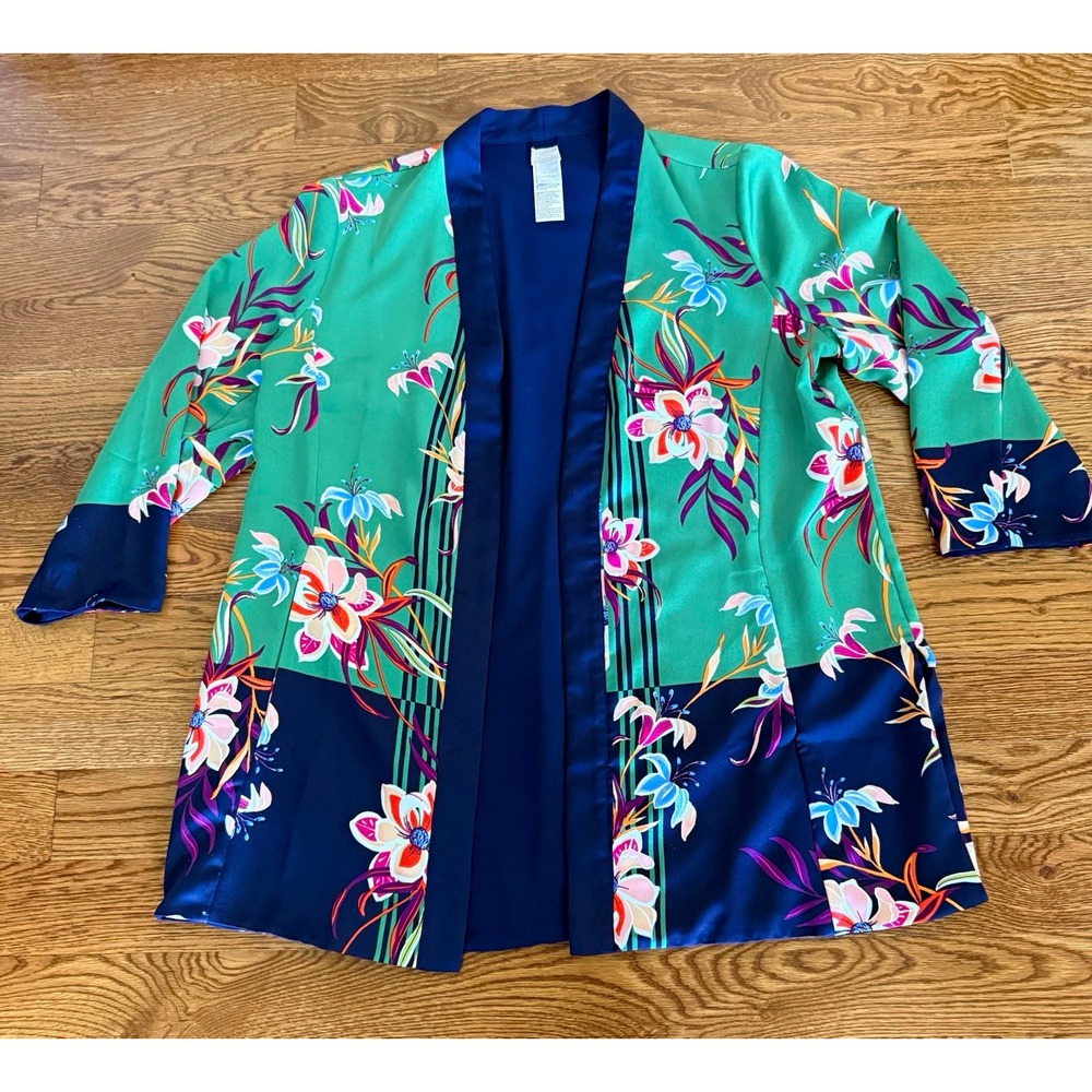 Chico's Women's Size 3 Green/Blue Floral Open Front Kimono Jacket Reversible